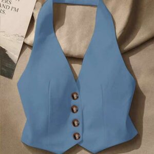 เสื้อกั๊กดีไซน์กระดุมหน้าผ้าเดนิมสีฟ้าทรงวินเทจ