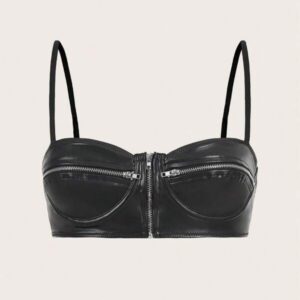 เสื้อครอปสายเดี่ยวซิปหน้าคอสี่เหลี่ยมสีครีมหรูหรา