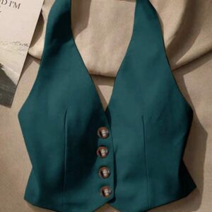 เสื้อครอปกระดุมหน้าแขนสั้นคอวีลึกสีเขียวเซ็กซี่