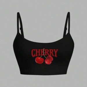 เสื้อครอปสายเดี่ยวพิมพ์ลาย Cherry กราฟิกสีดำ