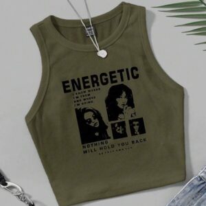 เสื้อครอปสายเดี่ยวพิมพ์ลาย Energetic กราฟิกสีเขียวทหาร