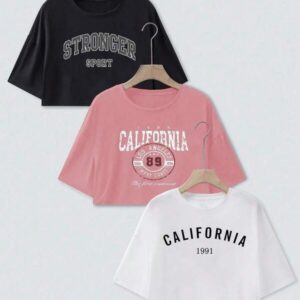 เสื้อครอปแขนสั้นลาย California สีขาวสไตล์วินเทจ