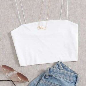 เสื้อครอปสายเดี่ยวคอสี่เหลี่ยมสีเรียบแมทช์ง่าย