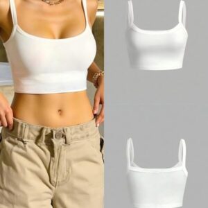 เสื้อครอปสายเดี่ยวคอสี่เหลี่ยมเนื้อนิตซับในสีขาว