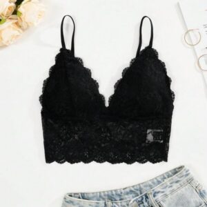 เสื้อครอปสายเดี่ยวผ้าลูกไม้คอสี่เหลี่ยมสีดำเซ็กซี่หรูหรา