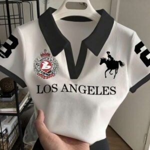 เสื้อครอปแขนสั้นคอปกลาย Los Angeles ขาวดำ