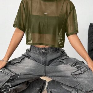 เสื้อครอปแขนสั้นผ้าตาข่ายโปร่งสีเขียวทหารเซ็กซี่