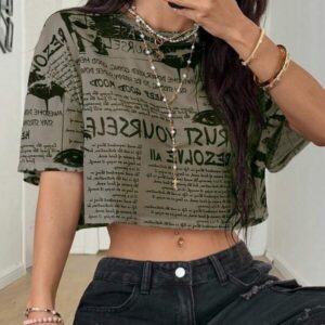 เสื้อครอปแขนสั้นพิมพ์ลายปลาทองสีเหลืองน่ารัก