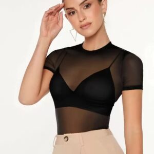 เสื้อครอปแขนสั้นตัดต่อตาข่ายสีดำเซ็กซี่มีสไตล์