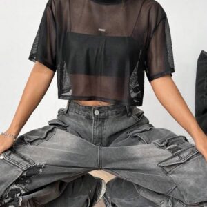 เสื้อครอปผ้าตาข่ายโปร่งแขนสั้นสีเทาเซ็กซี่