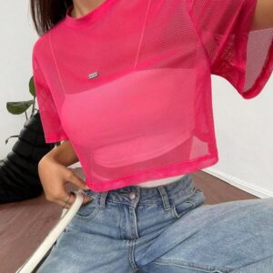 เสื้อครอปแขนสั้นคอกลมสีชมพูสะดุดตาเรียบ