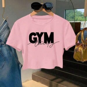 เสื้อครอปแขนสั้นพิมพ์ลาย GYM สีชมพูสไตล์สปอร์ต