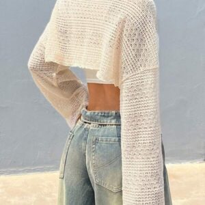 เสื้อครอปคาร์ดิแกนโปร่งแขนยาวสีขาวทรงหลวม