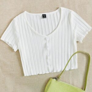 เสื้อครอปแขนสั้นลายริ้วแนวตั้งสีขาวครีม