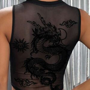 เสื้อครอปผ้าตาข่ายปักลายมังกรแขนกุดสีดำ