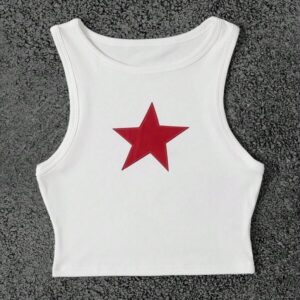 เสื้อครอปแขนกุดปักลายดาวสีแดงสไตล์ Y2K