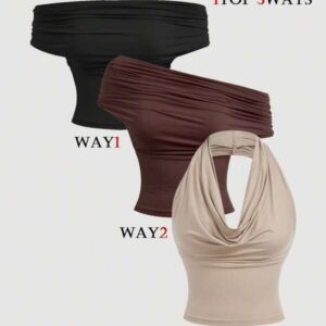 เสื้อครอปแขนกุดเนื้อนิตลายสีน้ำตาลแพค 3 ชิ้น