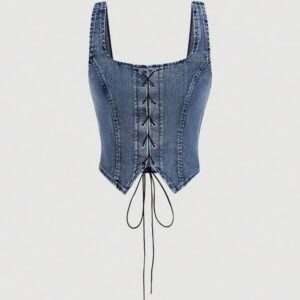 เสื้อครอปผูกเชือกหน้าแขนกุดสีฟ้าสไตล์วินเทจ