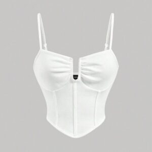 เสื้อครอปสายเดี่ยวผูกเชือกหน้าสีขาวเรียบสไตล์คอร์เซ็ต