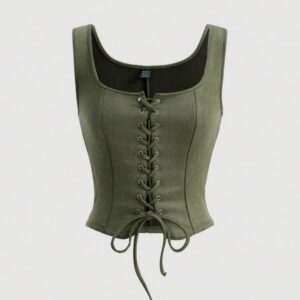 เสื้อครอปสายเดี่ยวผูกเชือกหน้าสีเขียวทหารสไตล์คอร์เซ็ต