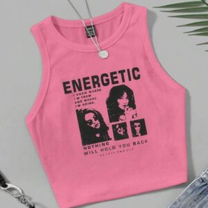 เสื้อครอปสายเดี่ยวพิมพ์ลาย Energetic สีชมพูสดสไตล์สปอร์ต