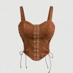 เสื้อครอปสายเดี่ยวผูกเชือกหน้าสีน้ำตาลสไตล์คอร์เซ็ต