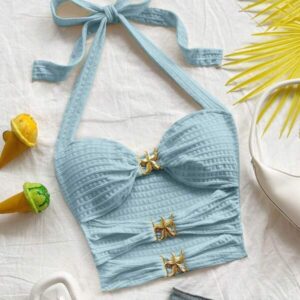 เสื้อครอปสายเดี่ยวผ้าลูกไม้กระดุมหน้าสีฟ้าหวาน