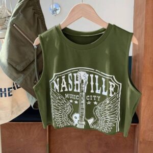 เสื้อครอปสายเดี่ยวพิมพ์ลาย Nashville กราฟิกสไตล์วินเทจ