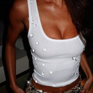 เสื้อครอปสายเดี่ยวตกแต่งกระดุมใส