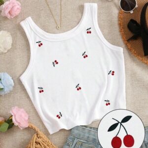 เสื้อครอปสายเดี่ยวคอกลมตกแต่งเชอร์รี่สีขาว