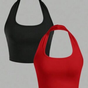 เสื้อครอปสายเดี่ยวฮาล์เตอร์คอสูงสีแดงเซ็กซี่