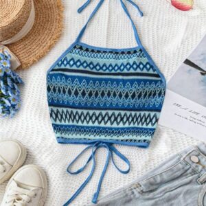 เสื้อครอปผูกคอฮาล์เตอร์ถักโครเชต์ลายดอกไม้สีขาว