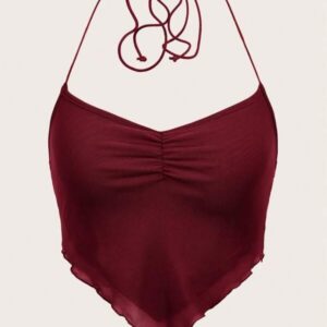 เสื้อครอปสายเดี่ยวผูกคอสีแดงเข้มดีไซน์เก๋