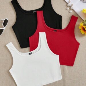 เสื้อครอปสายเดี่ยวคอสี่เหลี่ยมสีแดงเรียบเซ็กซี่